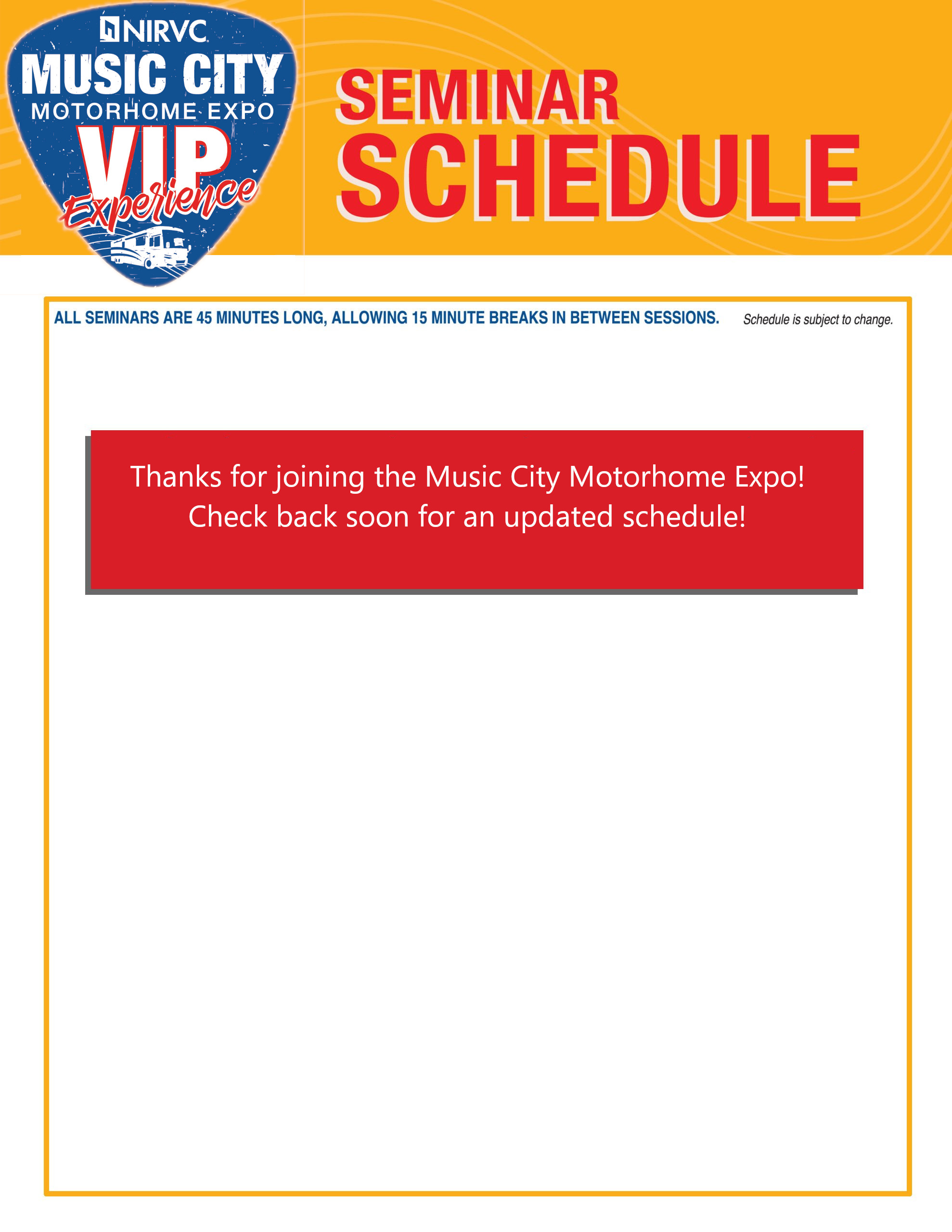 Music City Motorhome Expo VIP Experience Seminar Schedule